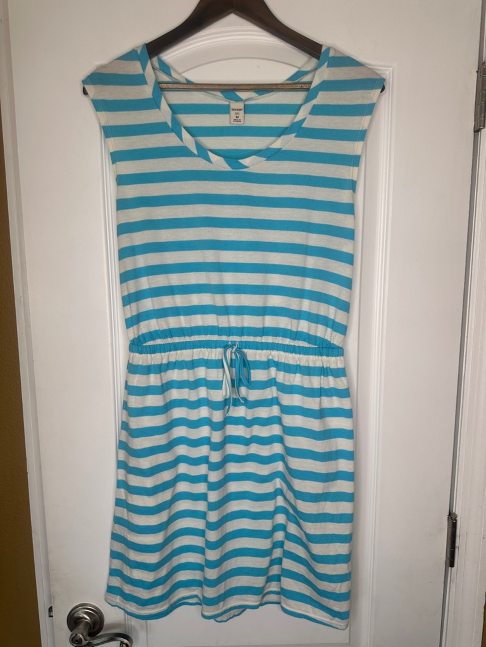 Old Navy Aqua and White Striped Sleeveless Drawstring Dress